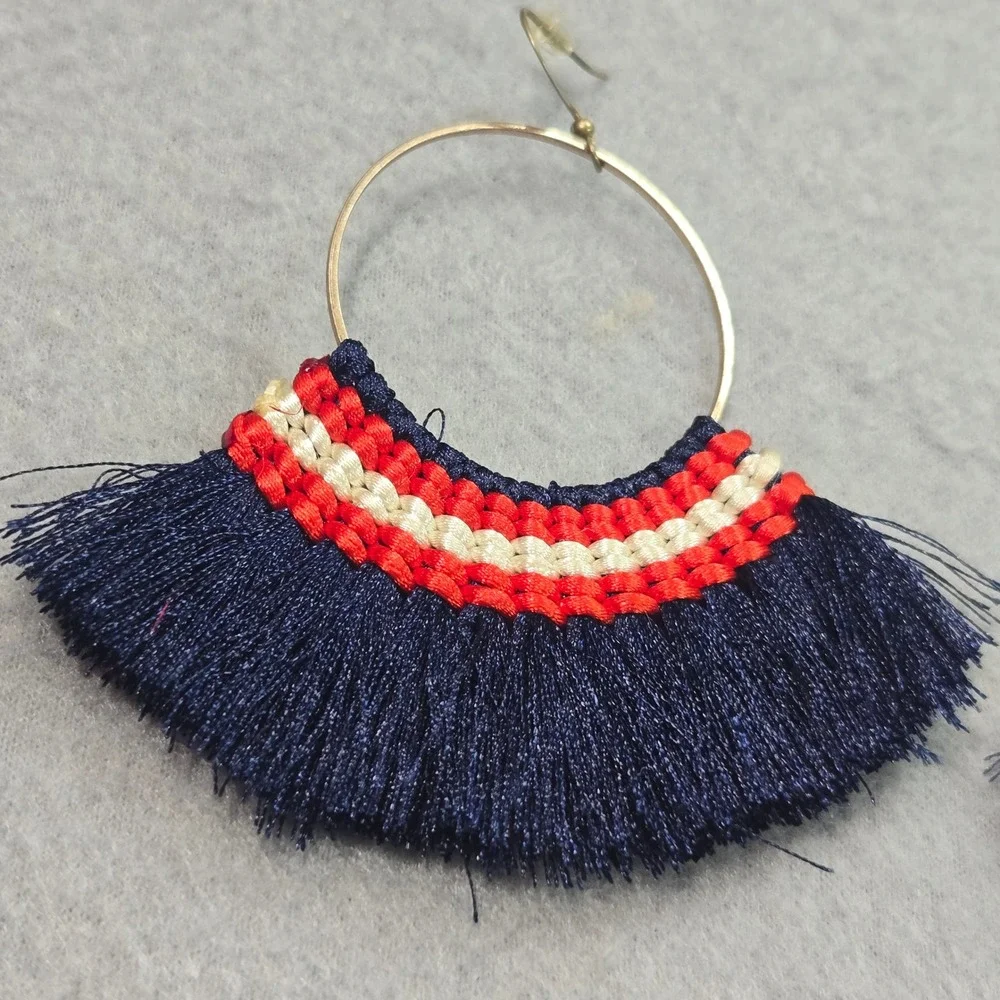 Plunder Tassel Hoop Earrings Women OS Navy Red White Striped Fringe‎ Fan Boho